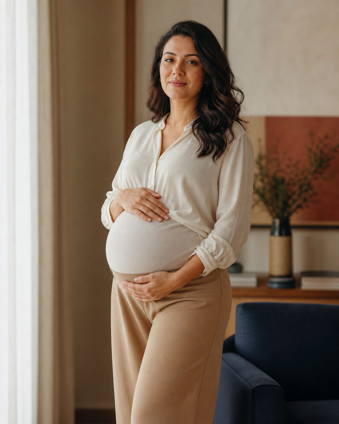 Gestante sorrindo com serenidade enquanto segura a barriga